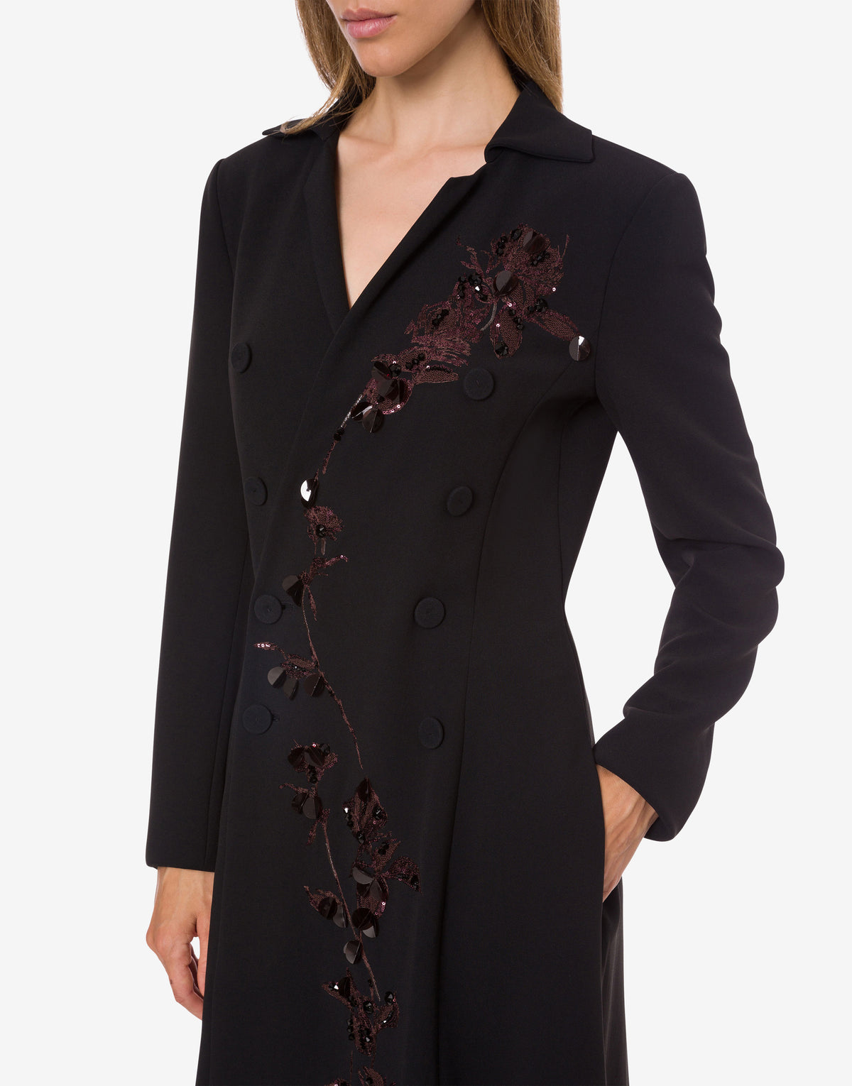 Robe chemise brodée en cady extensible - Black