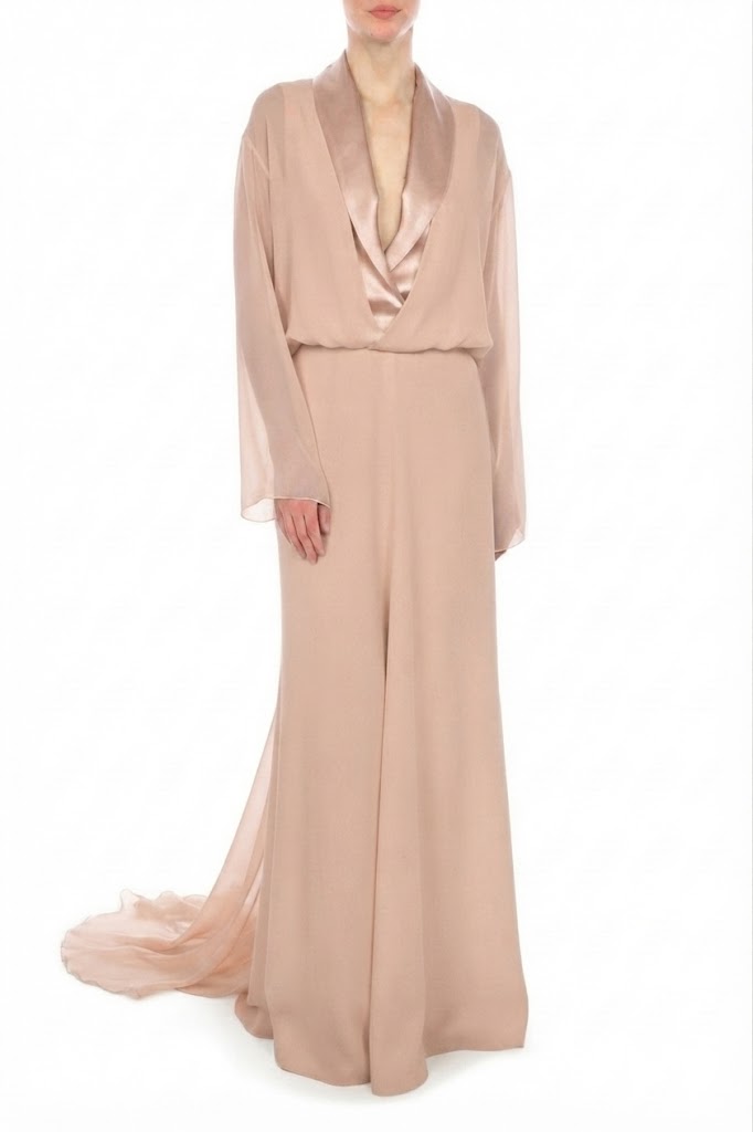 Robe Longue Transparente à Col Châle - Pink