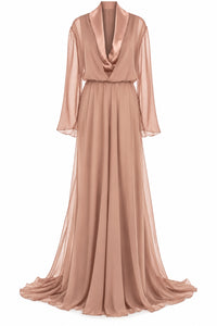 Robe Longue Transparente à Col Châle - Pink