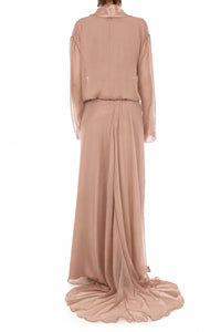Robe Longue Transparente à Col Châle - Pink