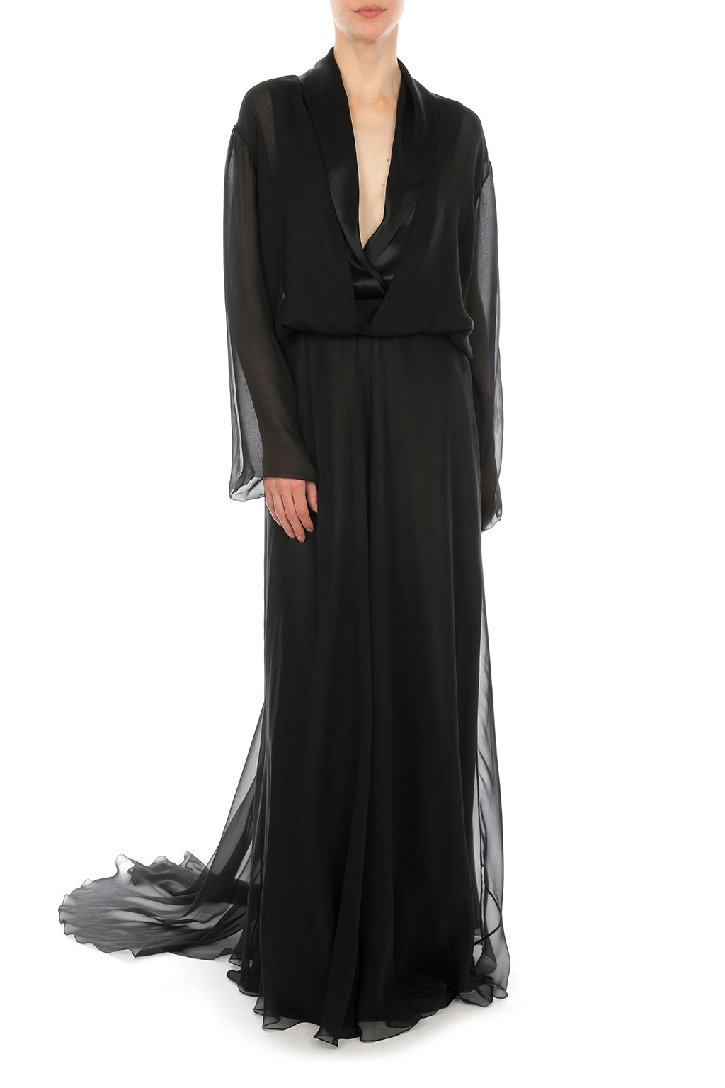 Robe Longue Transparente à Col Châle - Black