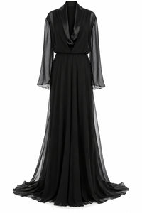 Robe Longue Transparente à Col Châle - Black