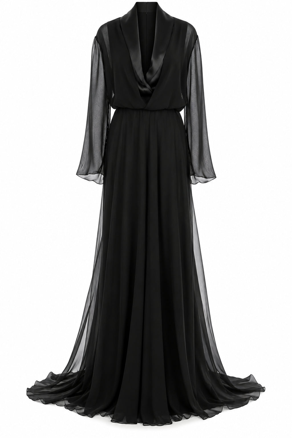 Robe Longue Transparente à Col Châle - Black
