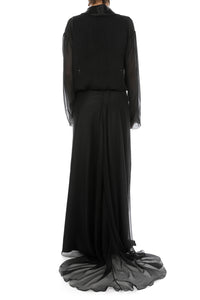 Robe Longue Transparente à Col Châle - Black