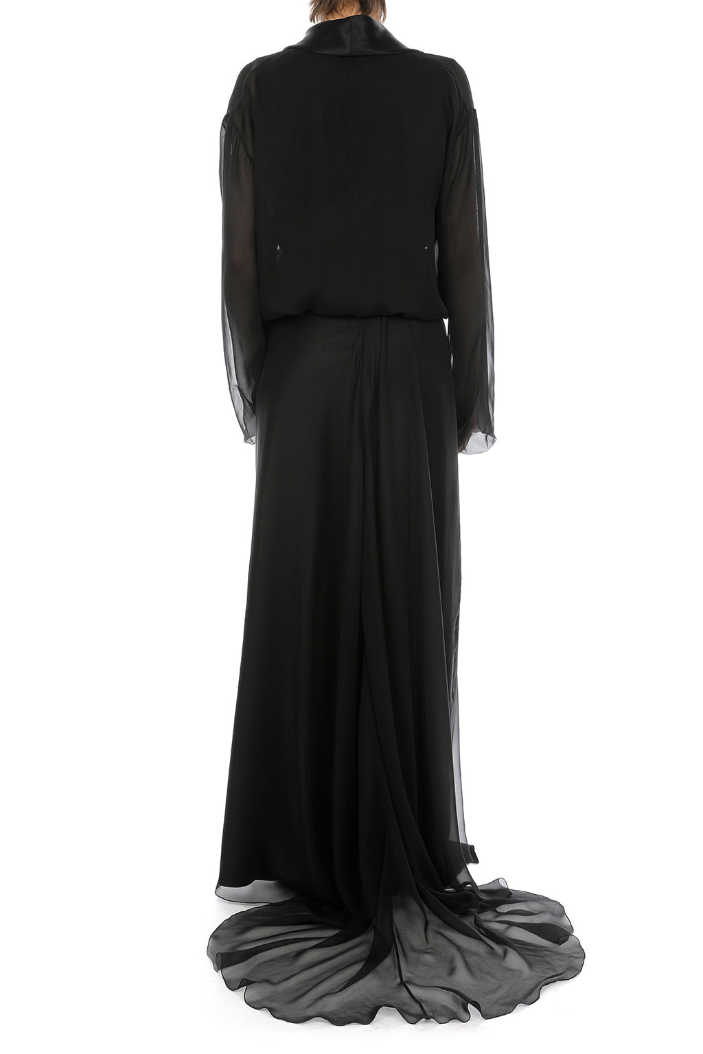 Robe Longue Transparente à Col Châle - Black