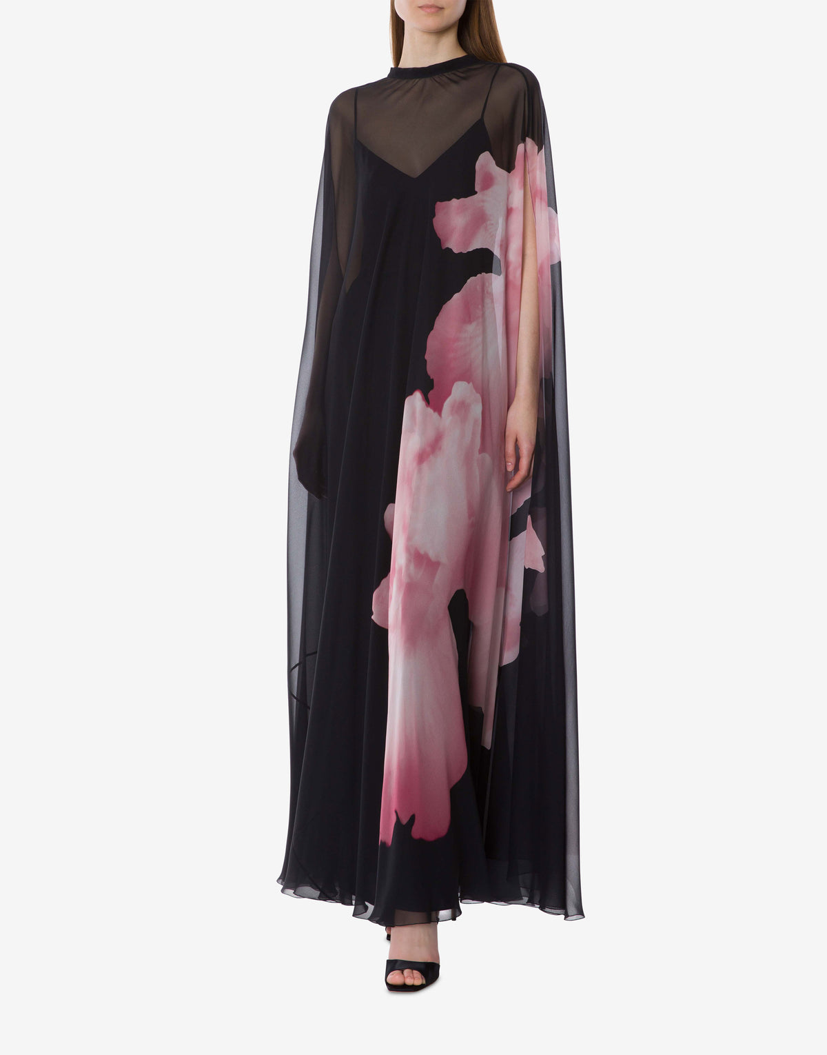 Robe longue en soie avec imprimé orchidée - Black