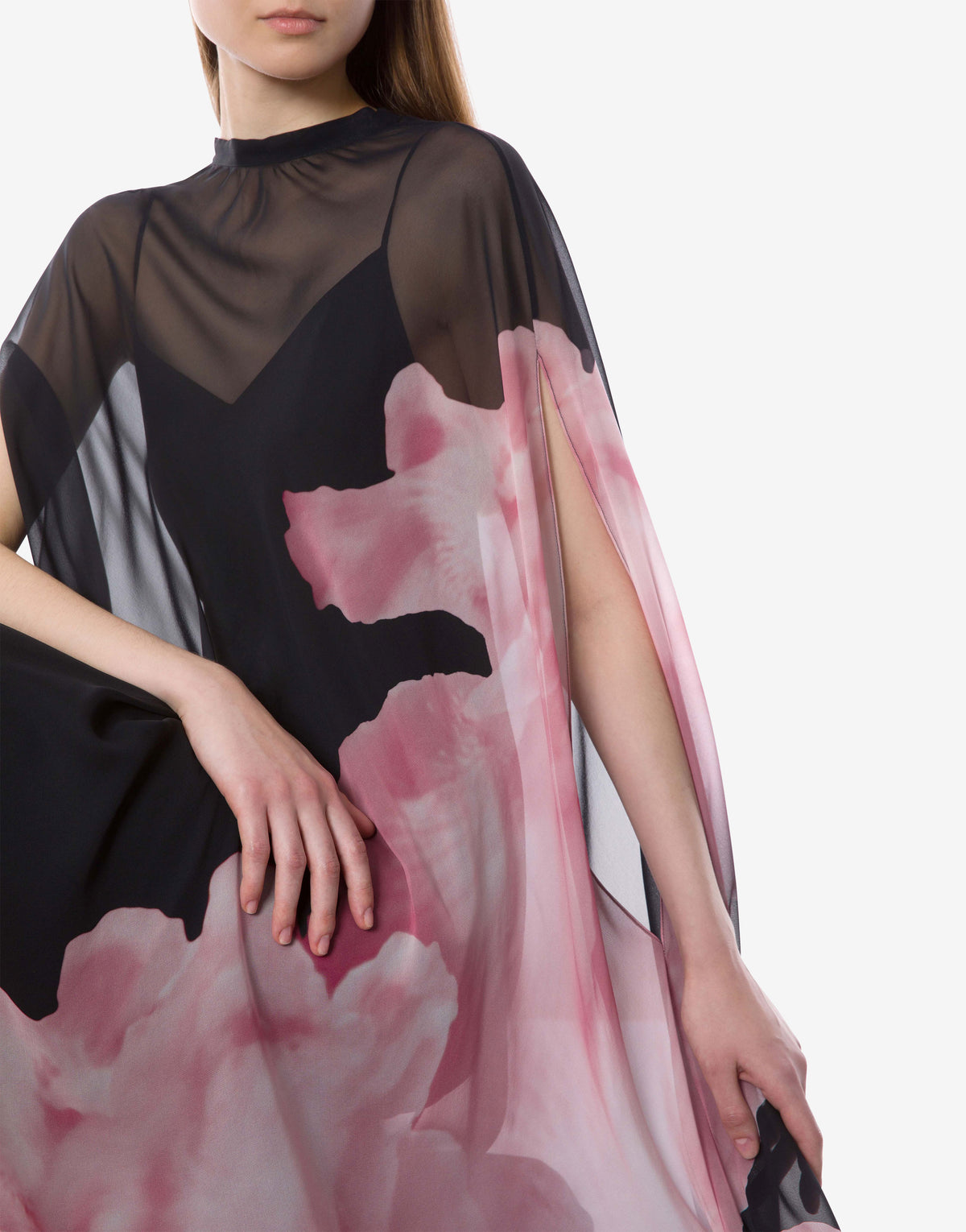 Robe longue en soie avec imprimé orchidée - Black