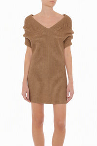 Robe Mini en Maille Côtelée - Beige
