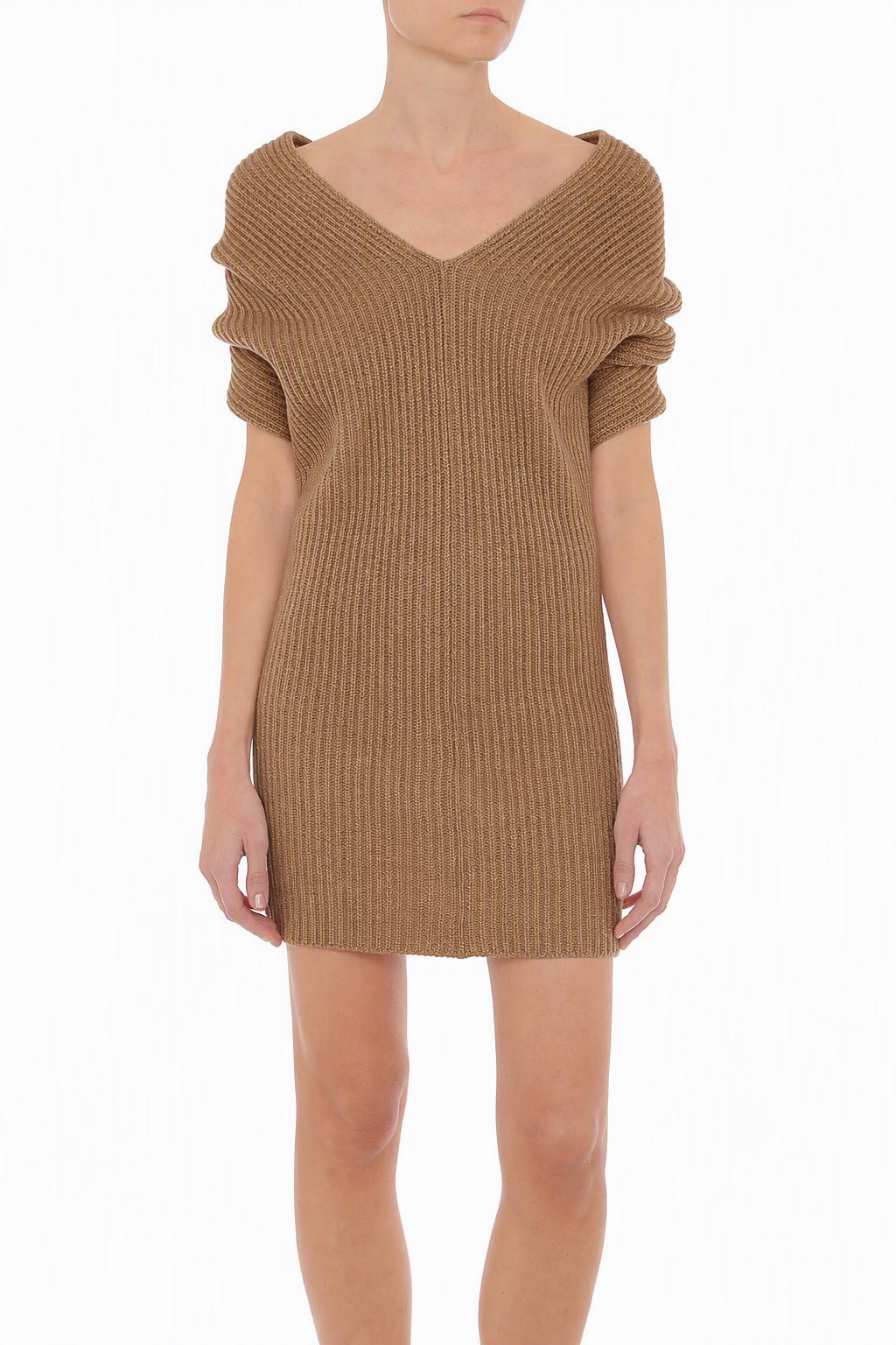 Robe Mini en Maille Côtelée - Beige