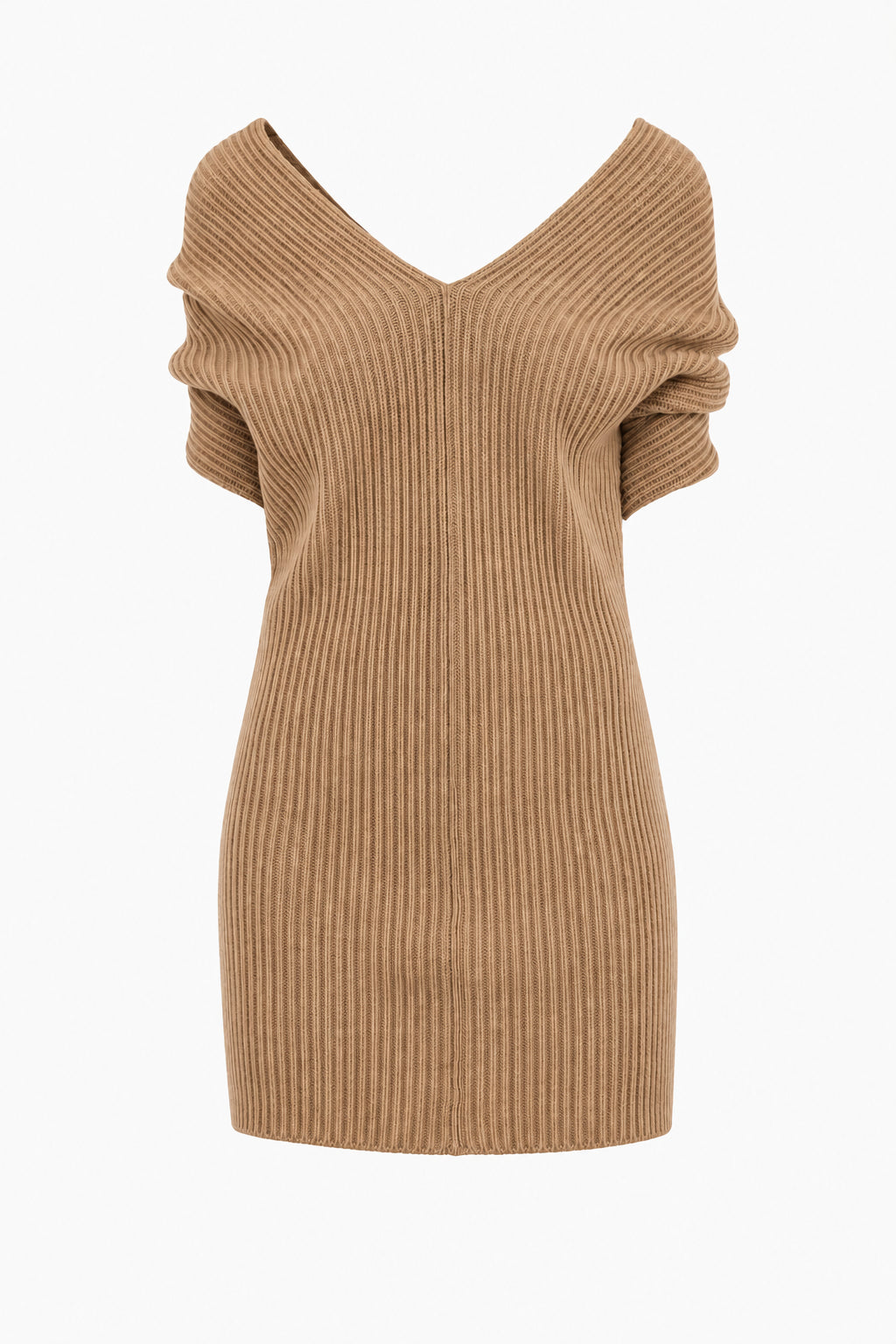 Robe Mini en Maille Côtelée - Beige
