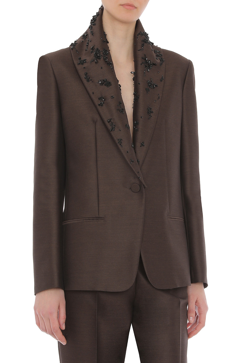 Veste de costume en laine et soie perlée - Brown