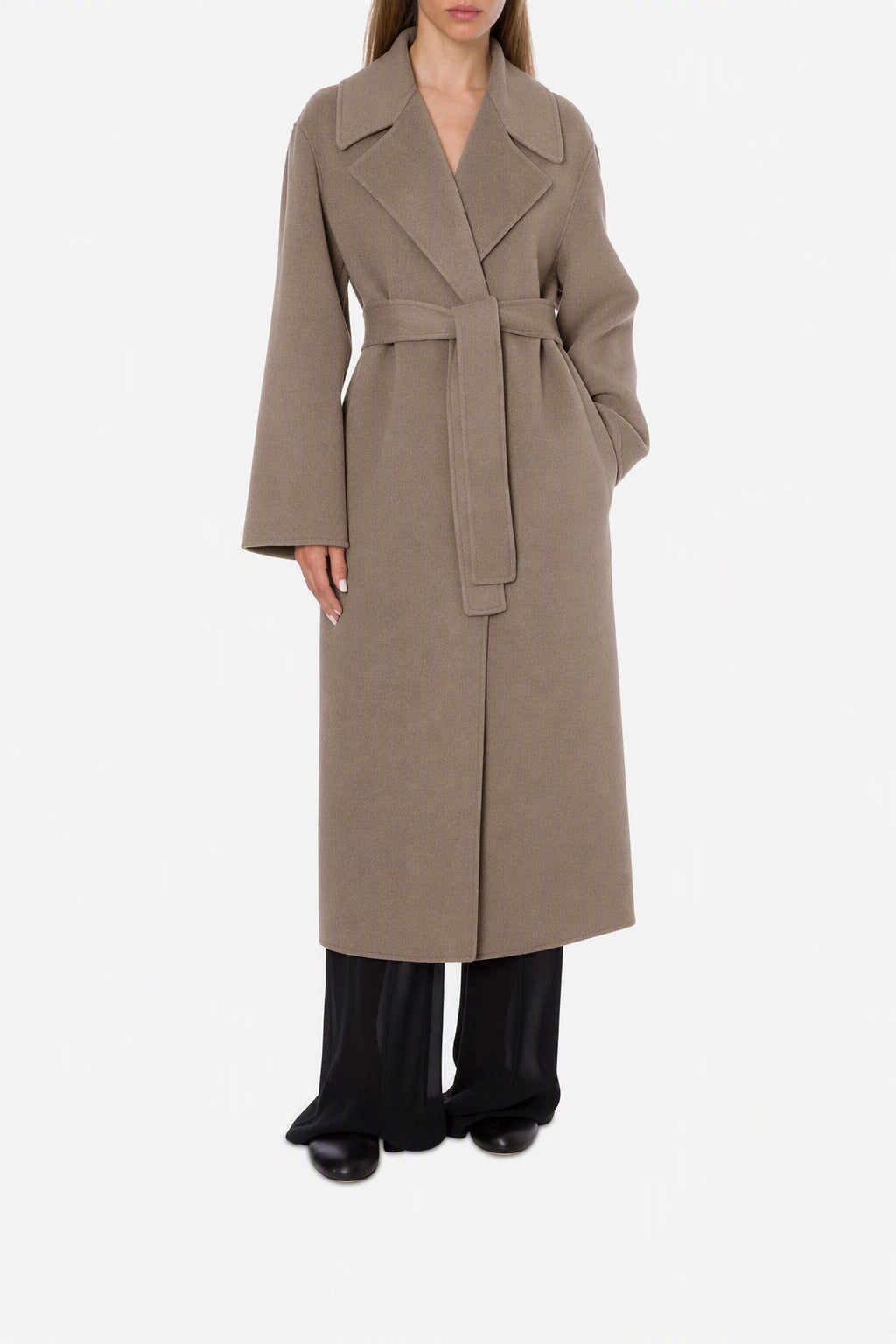Manteau long style peignoir en laine et cachemire - Beige