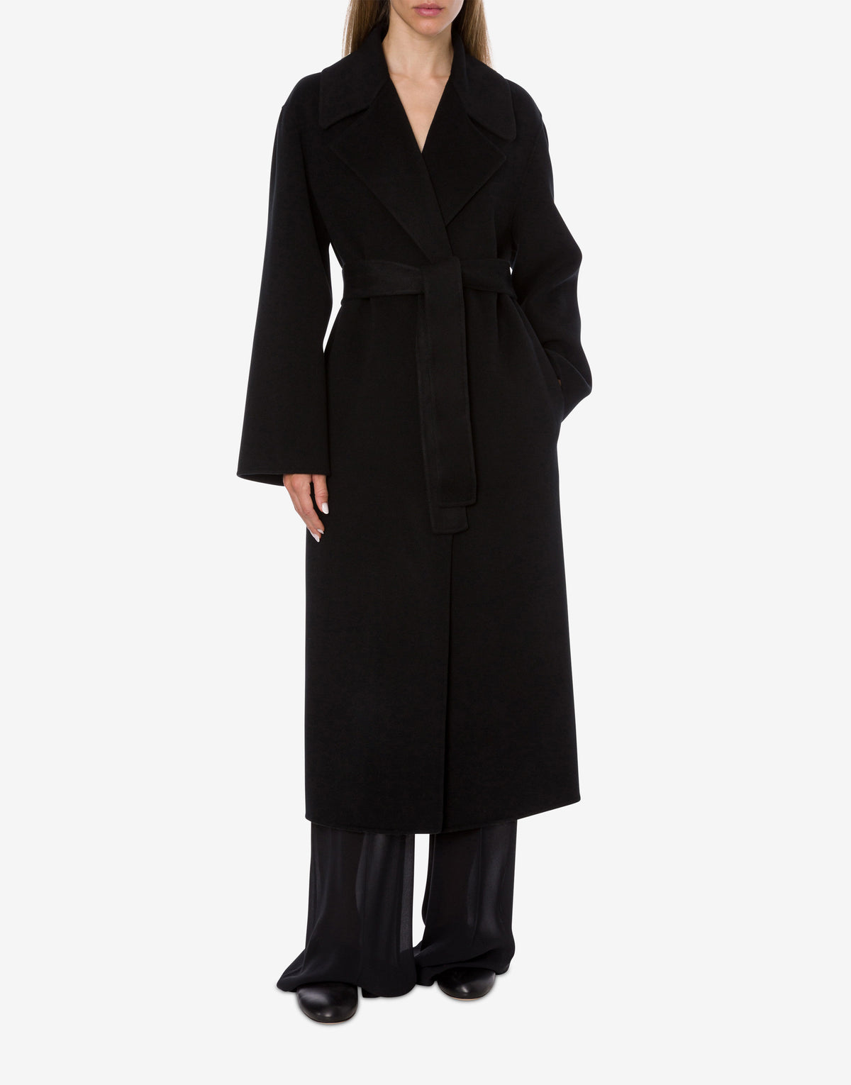 Manteau long style peignoir en laine et cachemire - Black