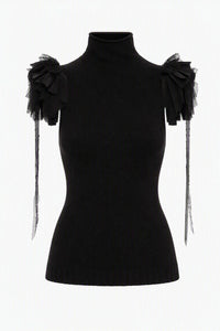 Top en Maille à Épaules Volantées - Black