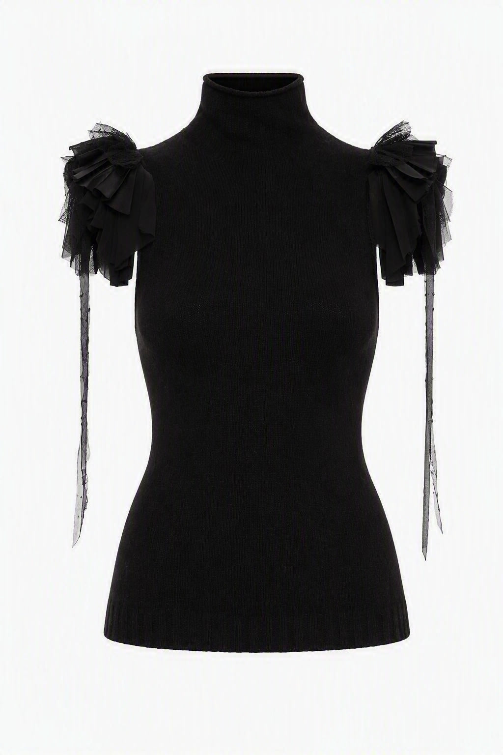 Top en Maille à Épaules Volantées - Black