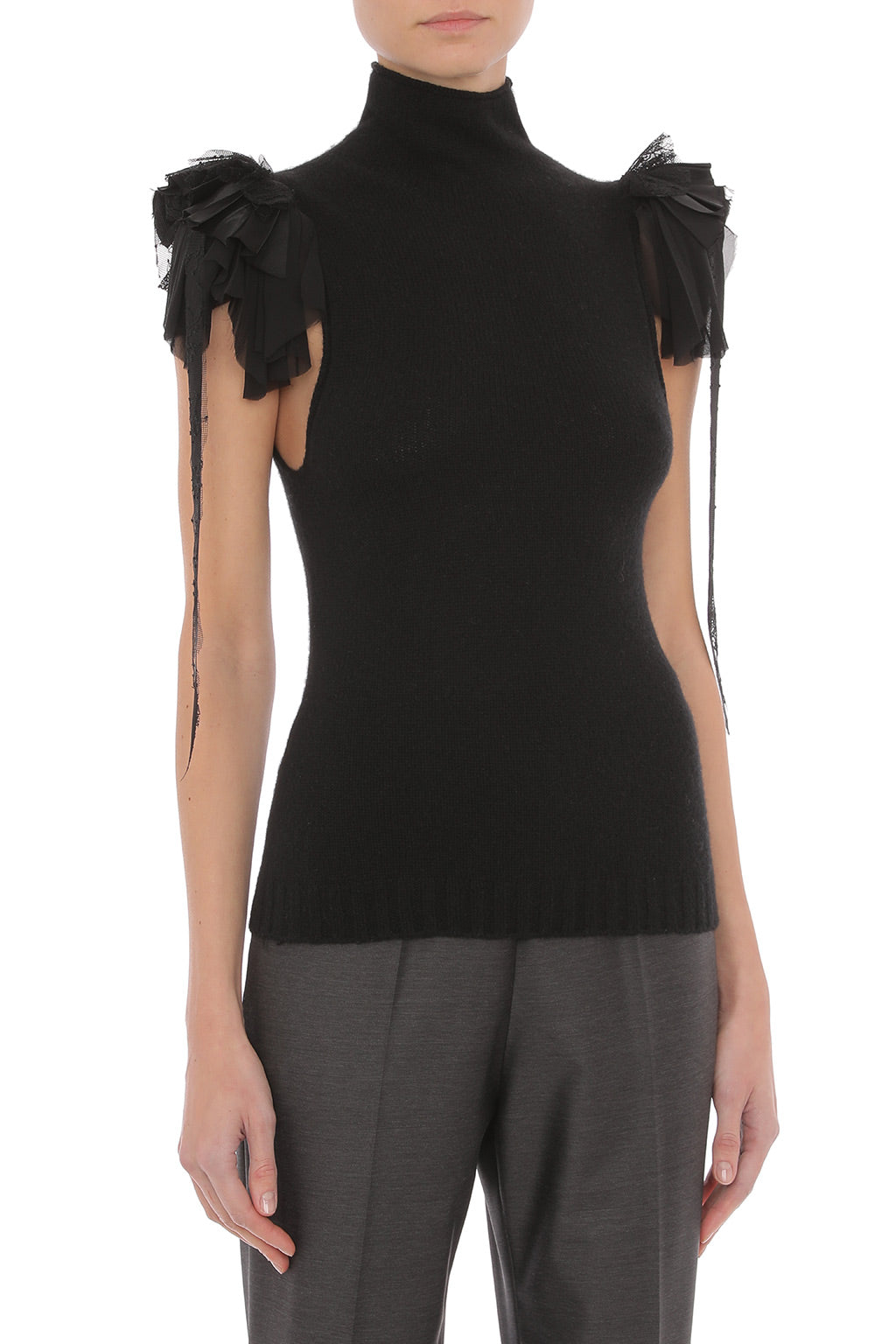 Top en Maille à Épaules Volantées - Black