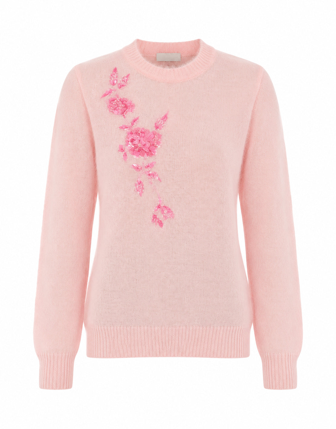Pull en Maille Brodé de Motifs Floraux - Pink