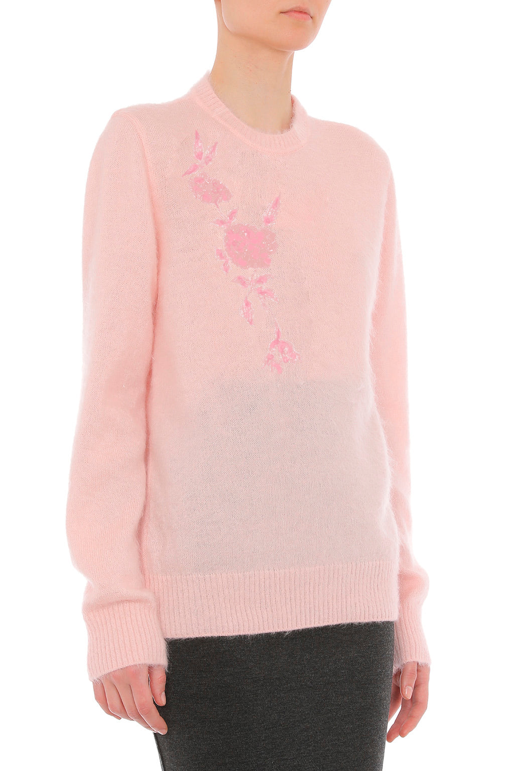 Pull en Maille Brodé de Motifs Floraux - Pink