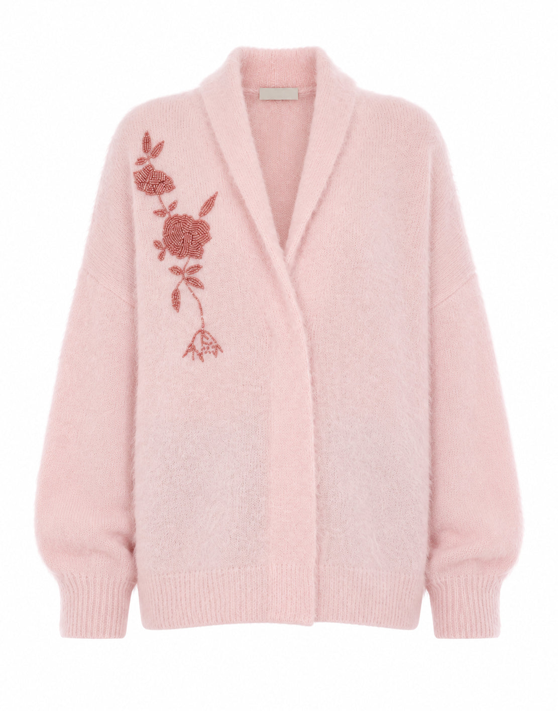 Cardigan à Col Châle Orné de Motifs Floraux - Pink