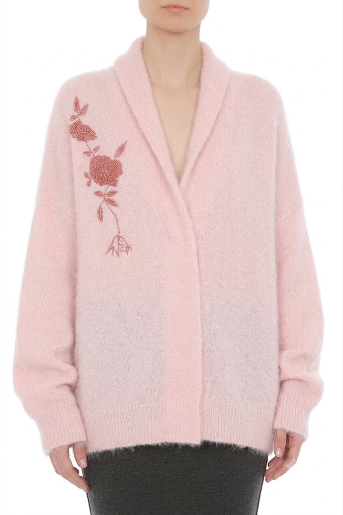 Cardigan à Col Châle Orné de Motifs Floraux - Pink