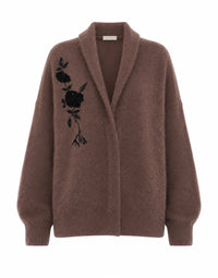 Cardigan à Col Châle Orné de Motifs Floraux - Purple