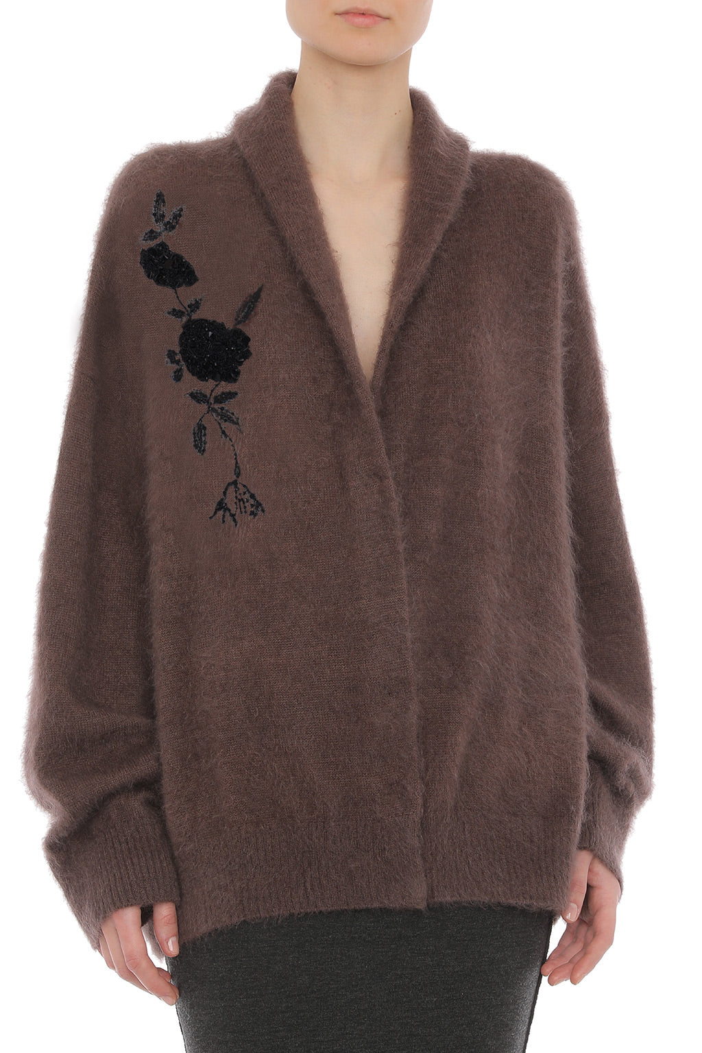 Cardigan à Col Châle Orné de Motifs Floraux - Purple