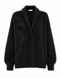 Cardigan à Col Châle Orné de Motifs Floraux - Black