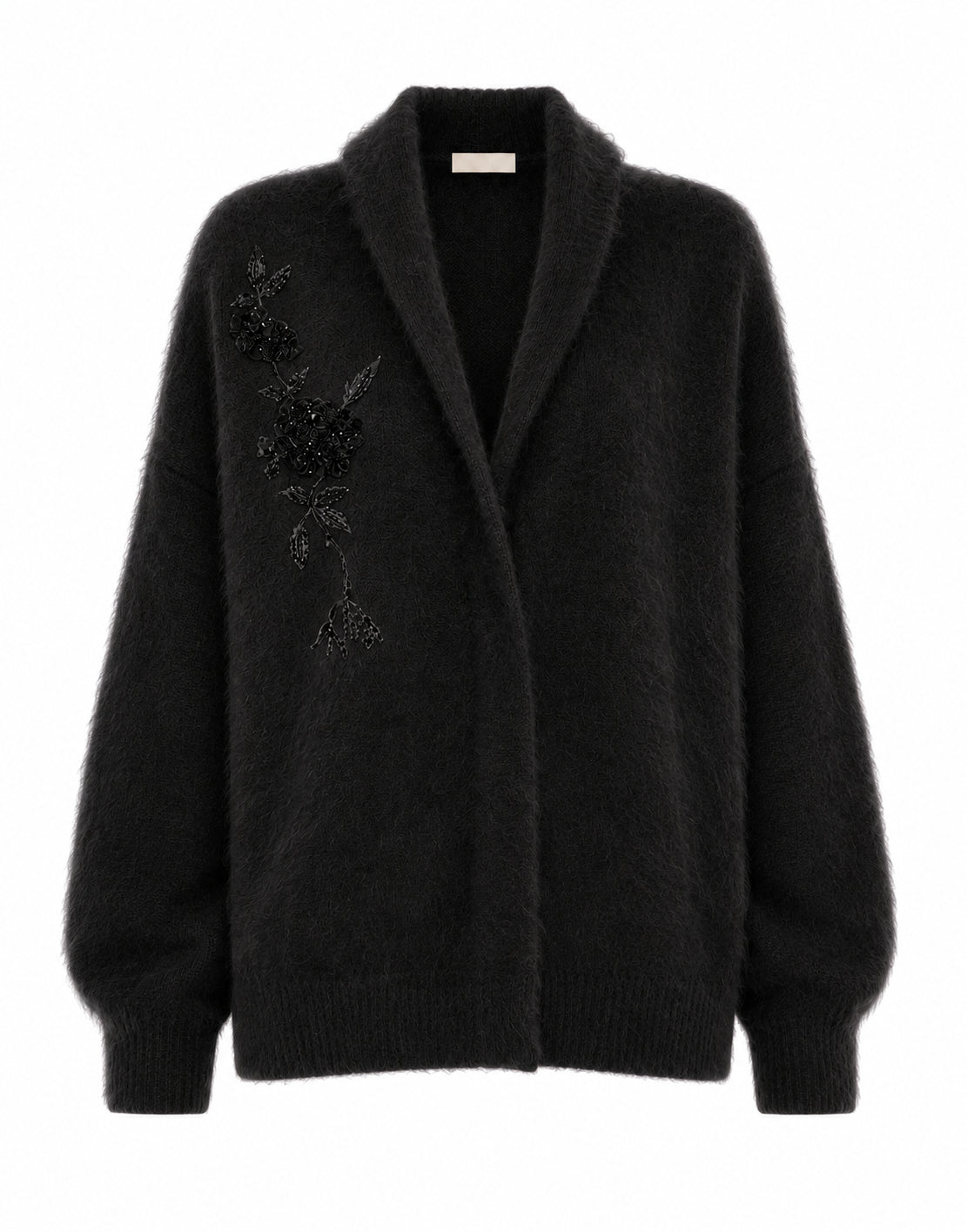 Cardigan à Col Châle Orné de Motifs Floraux - Black