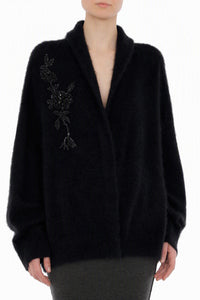Cardigan à Col Châle Orné de Motifs Floraux - Black
