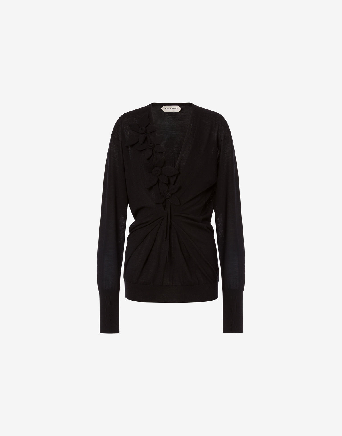 Pull drapé à manches longues en cachemire mérinos - Black