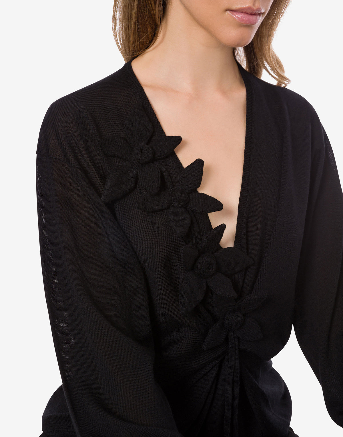 Pull drapé à manches longues en cachemire mérinos - Black