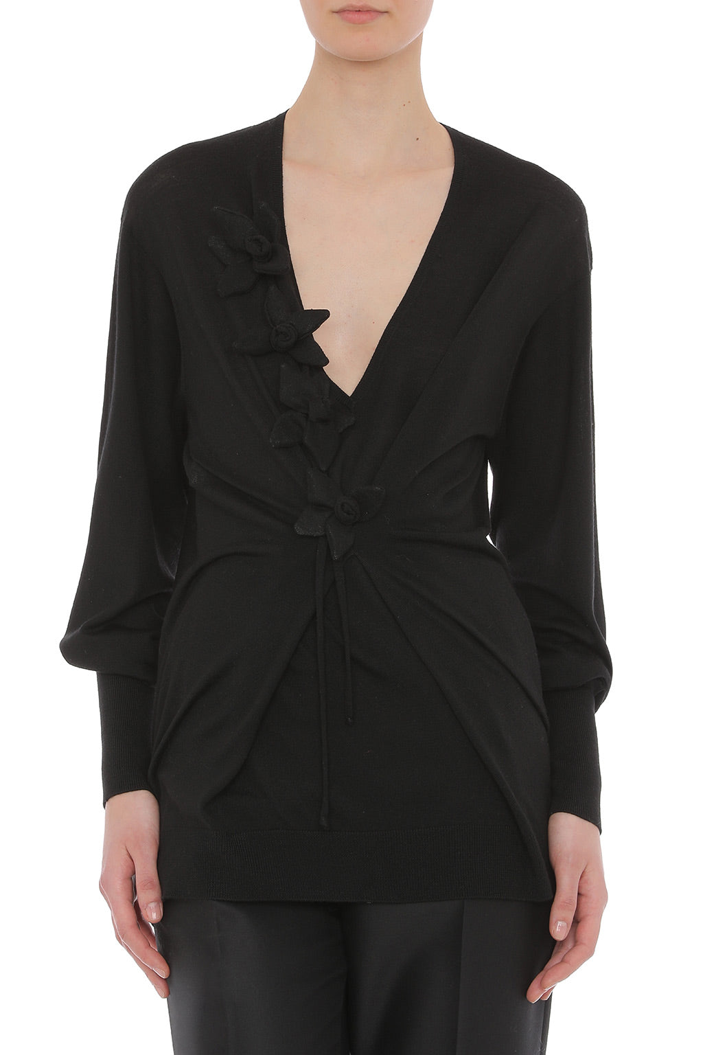 Pull drapé à manches longues en cachemire mérinos - Black