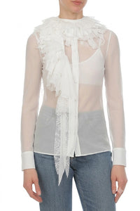 Blouse Transparente à Volants et Dentelle - White