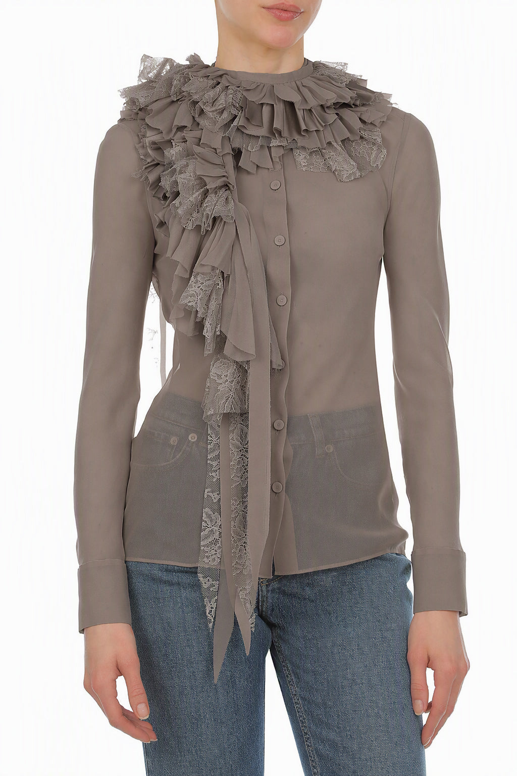 Blouse Transparente à Volants et Dentelle - Beige