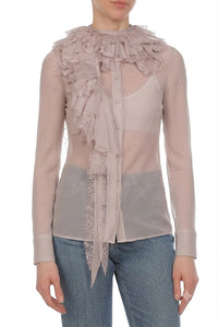Blouse Transparente à Volants et Dentelle - Grey