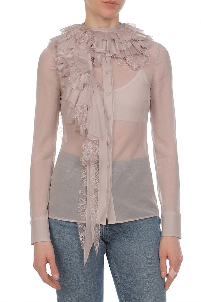 Blouse Transparente à Volants et Dentelle - Grey