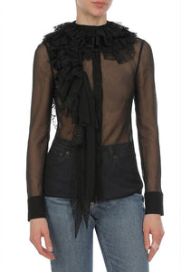 Blouse Transparente à Volants et Dentelle - Black
