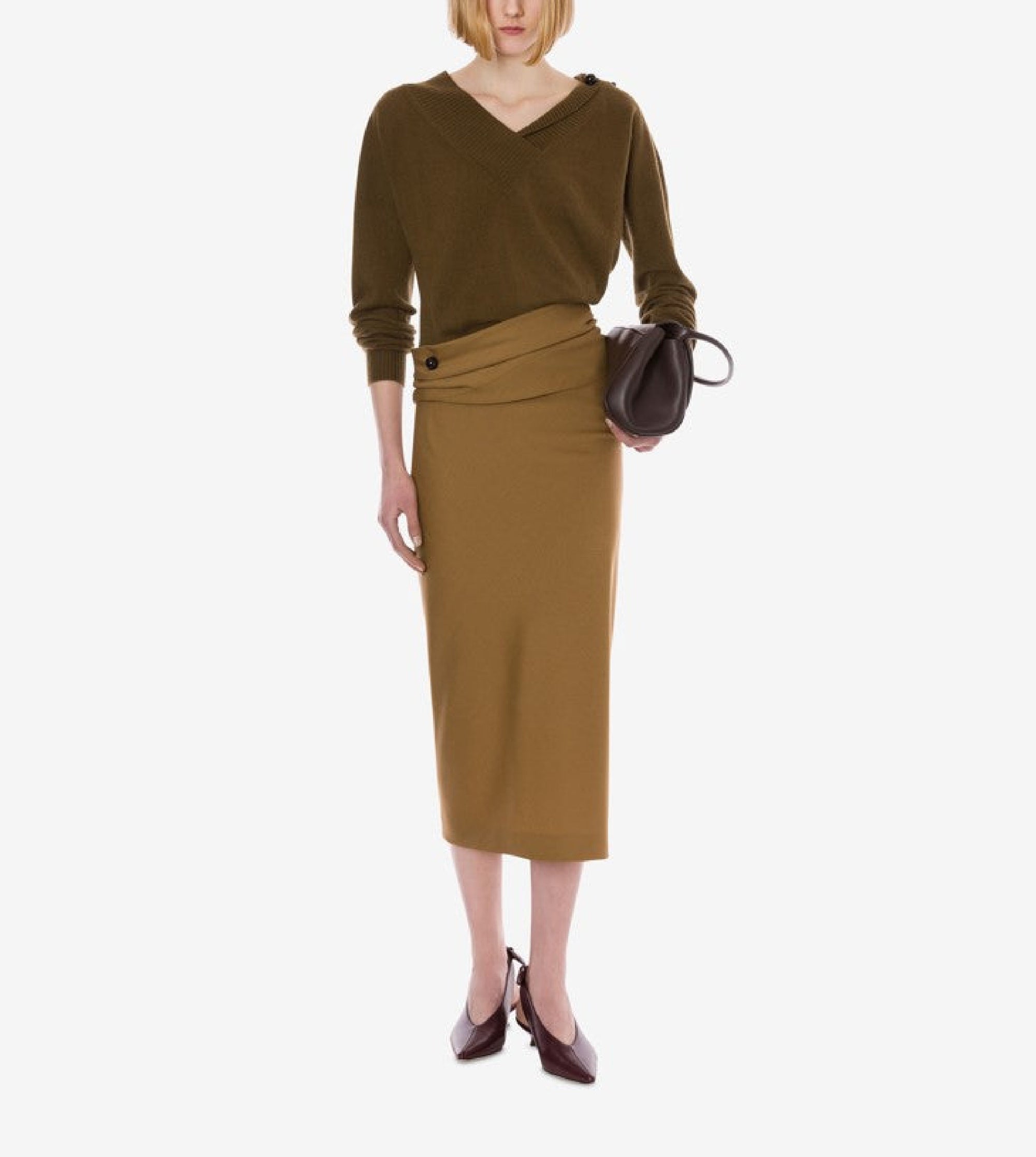 Jupe midi en laine tropicale - Beige