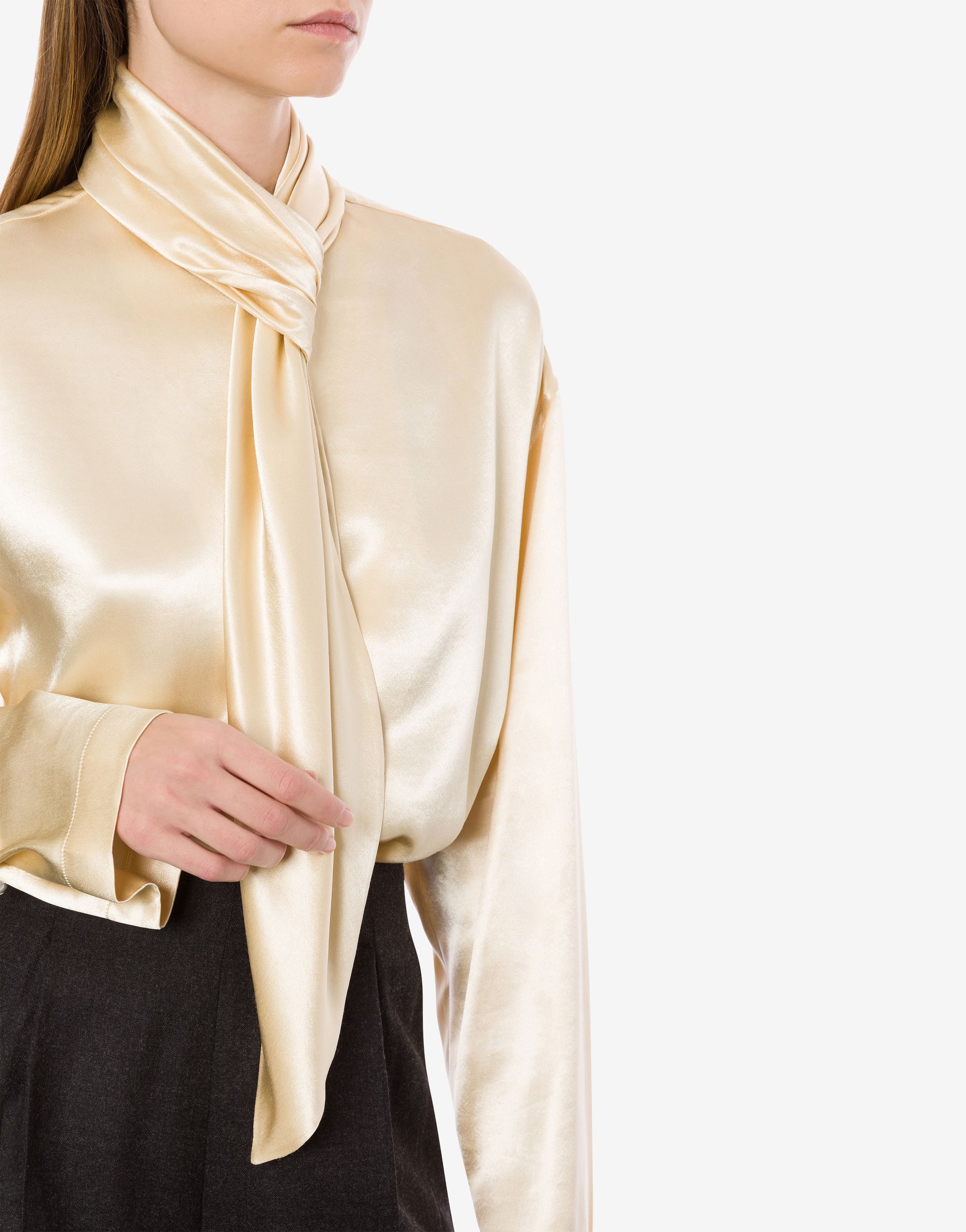 Shiny satin shirt with tie - Ivory