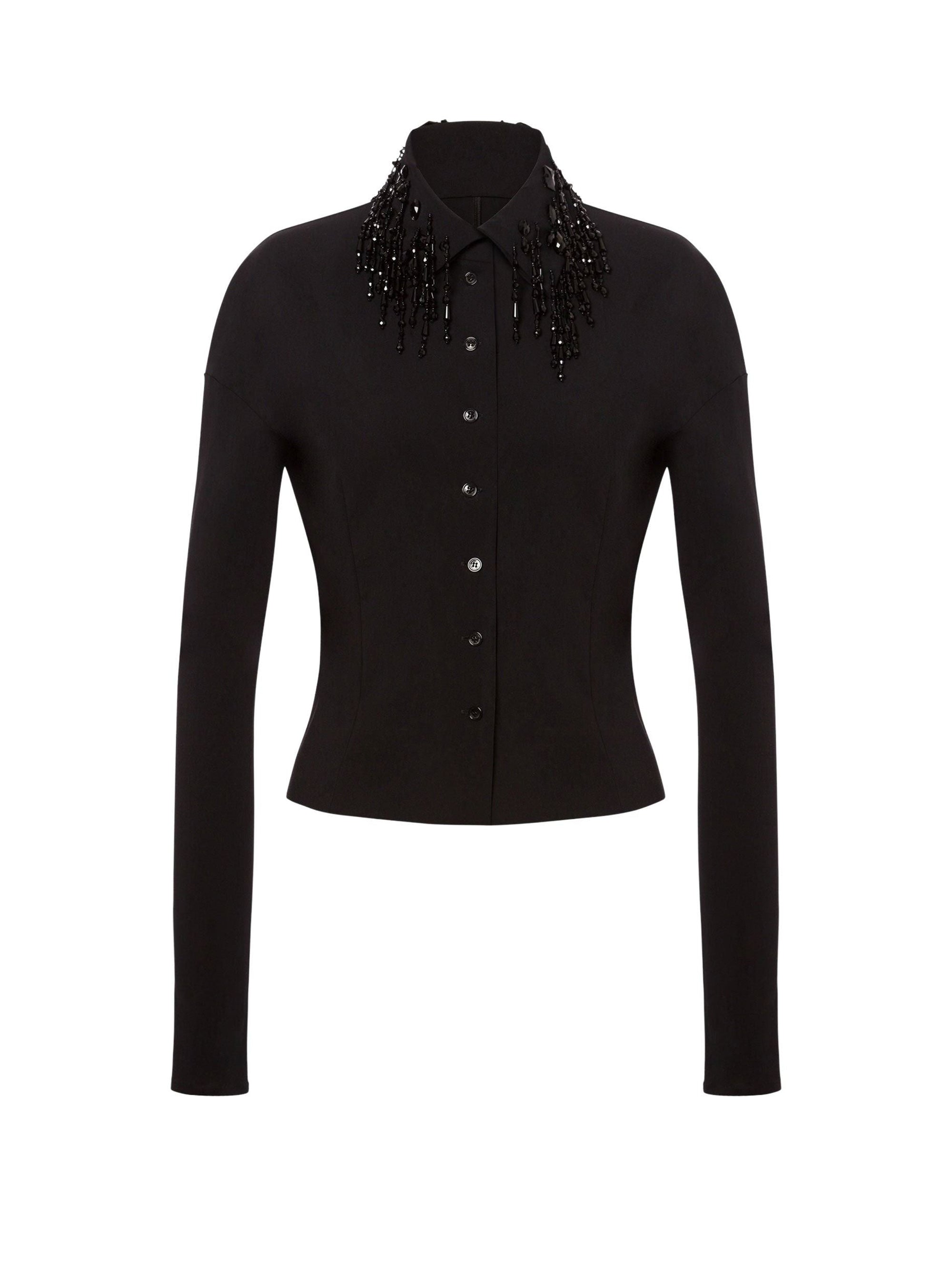 Chemise en laine extensible avec franges en perles - Black