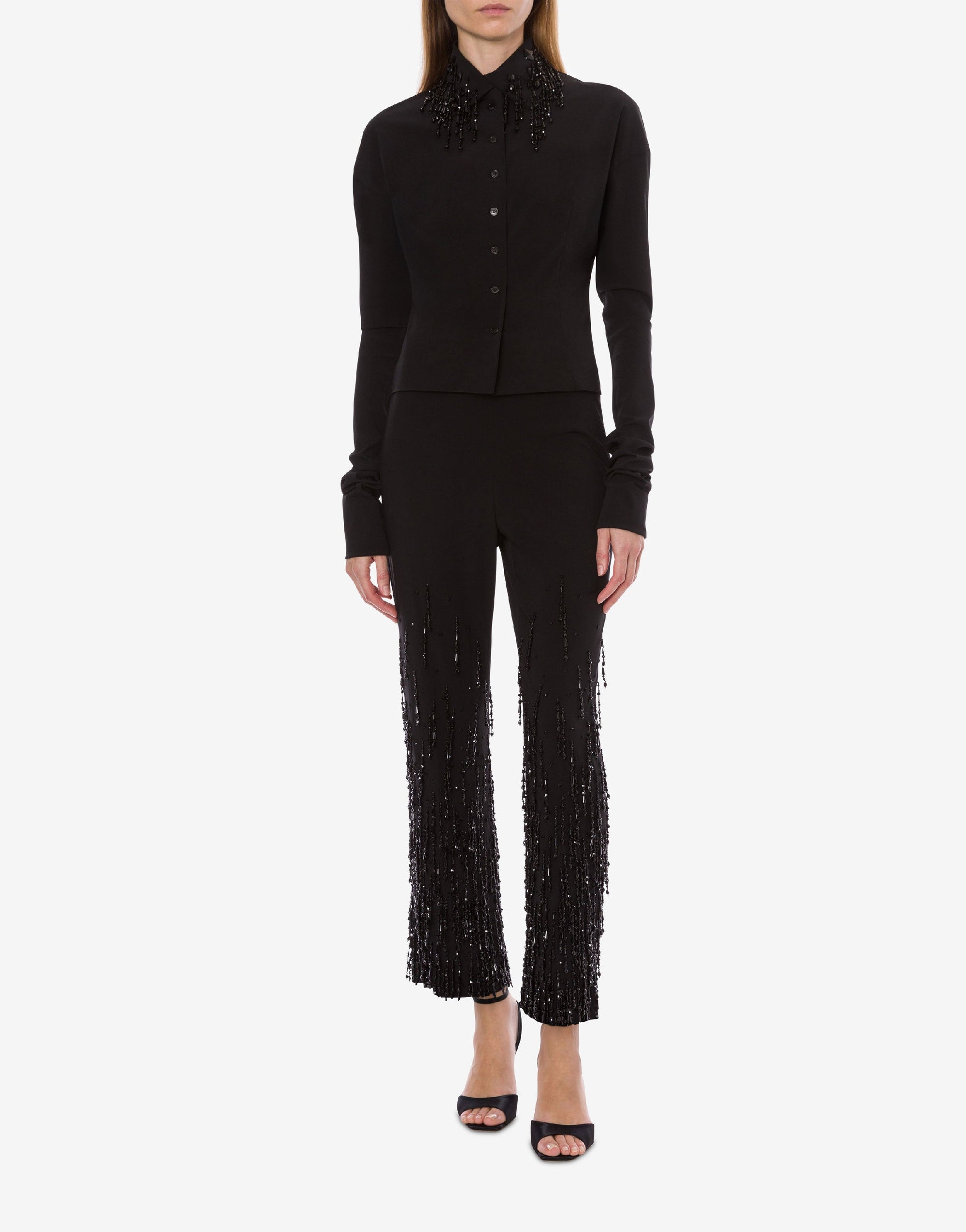 Chemise en laine extensible avec franges en perles - Black