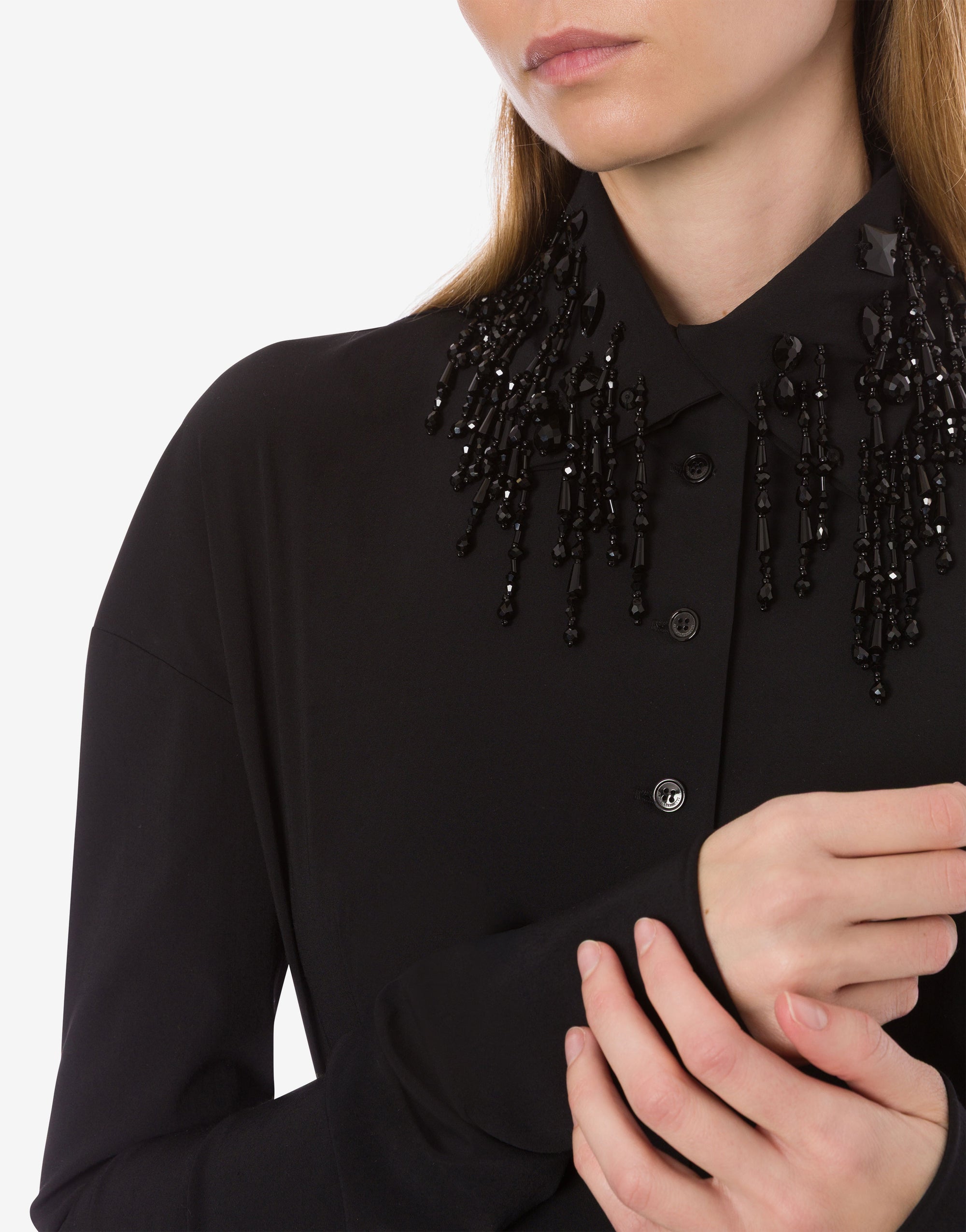 Chemise en laine extensible avec franges en perles - Black