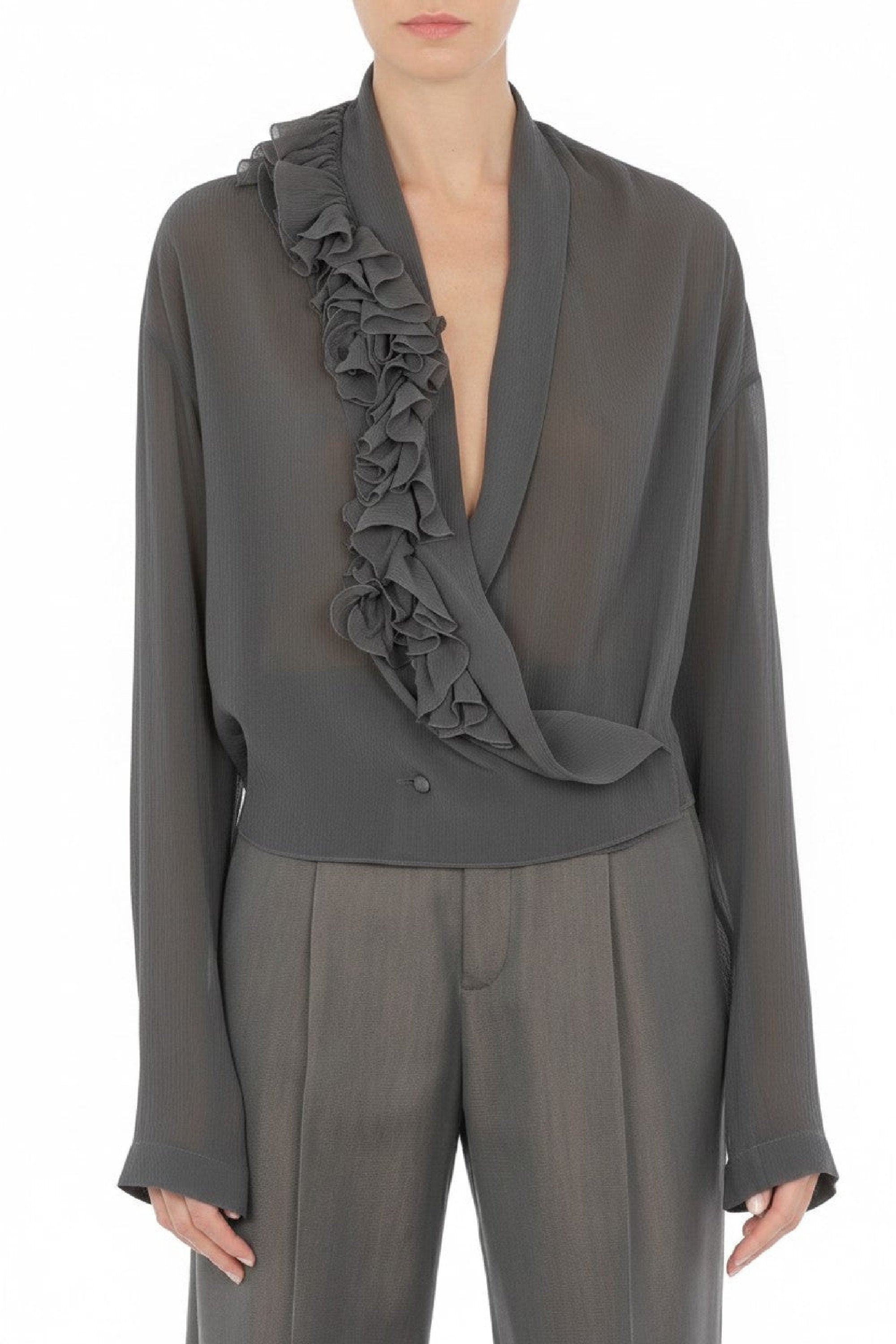 Chemise à col v florale - Grey