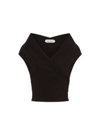 Top tissée à manches courtes en laine - Black