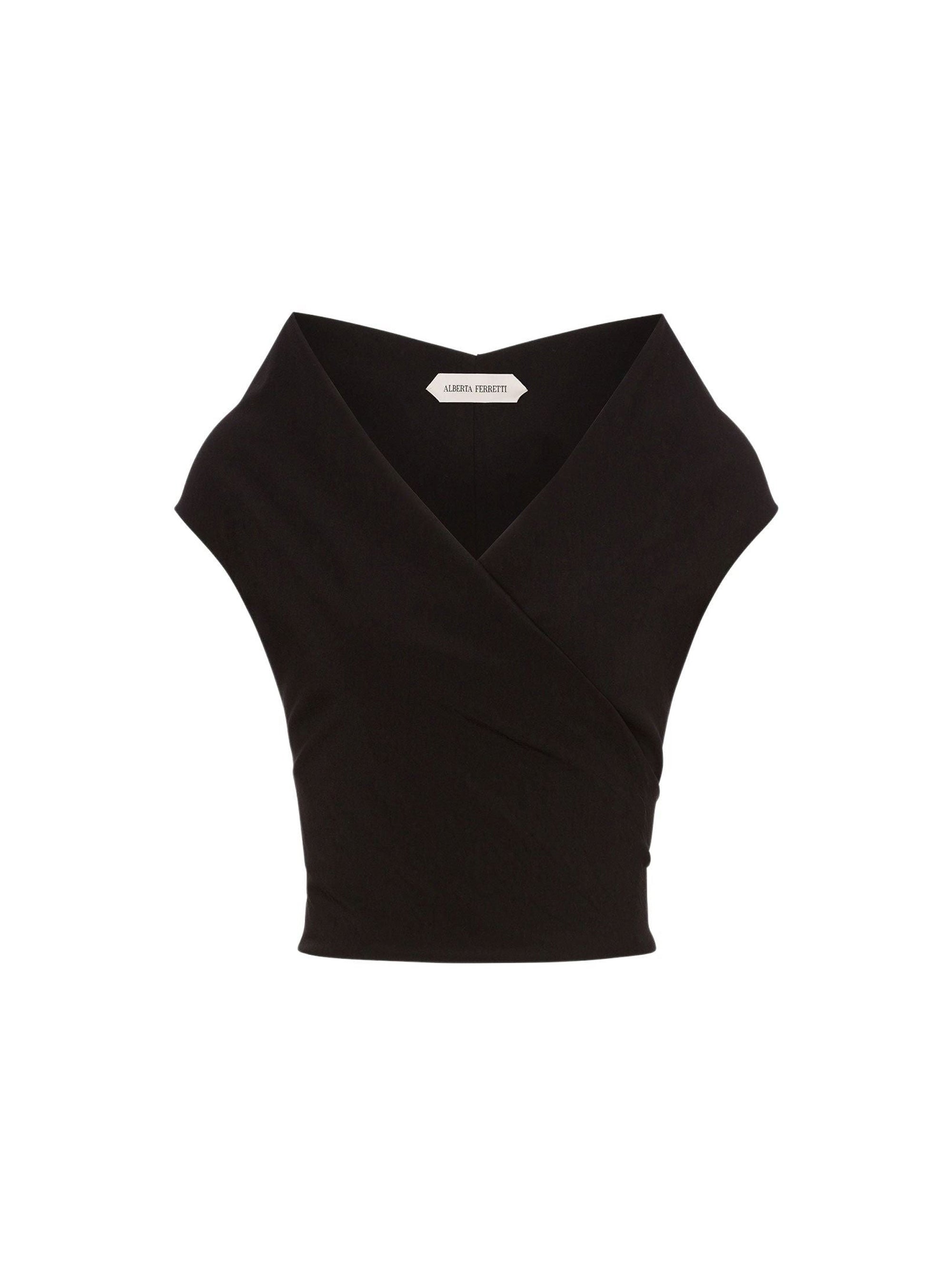 Top tissée à manches courtes en laine - Black