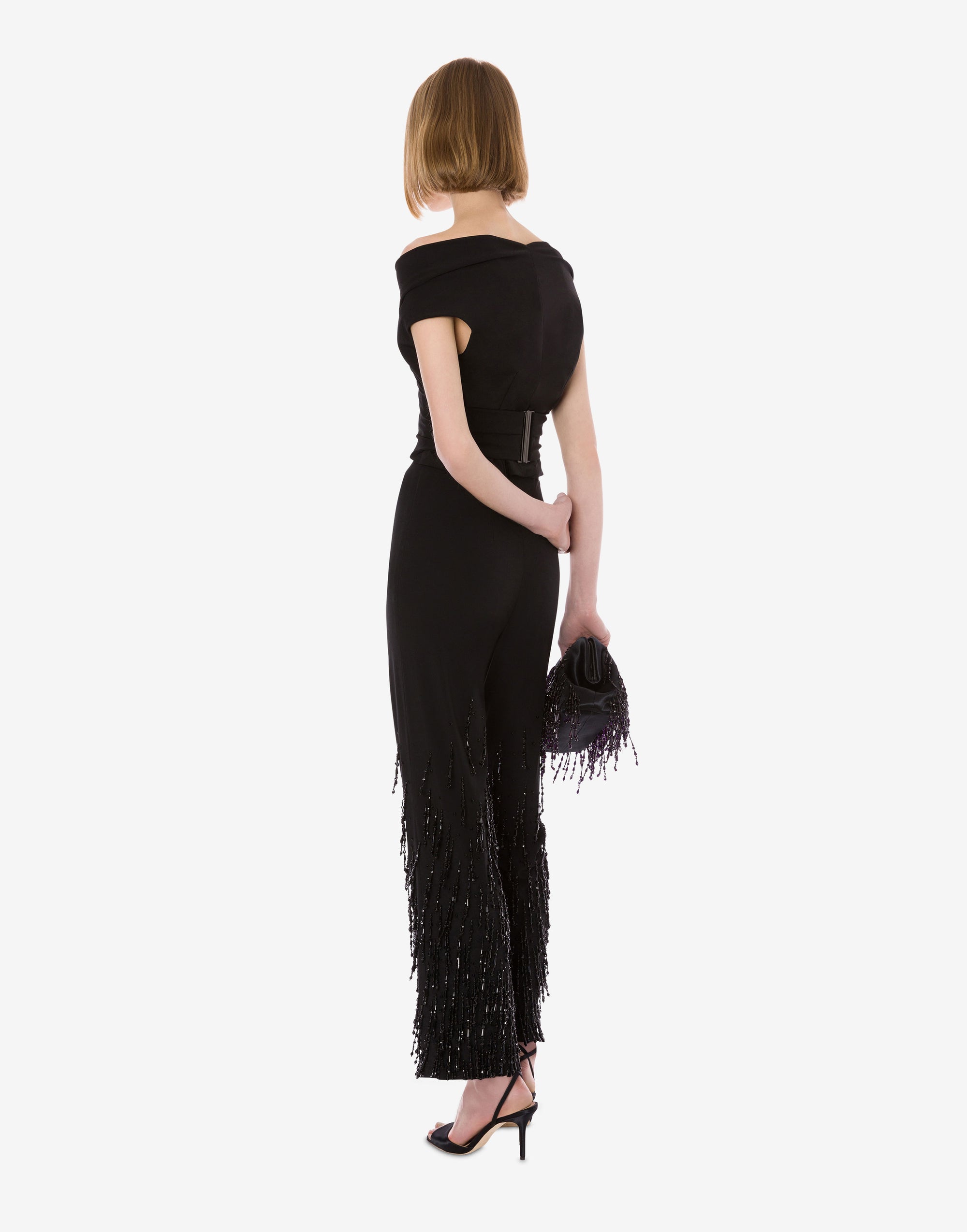 Pantalon en laine extensible avec franges perlées - Black