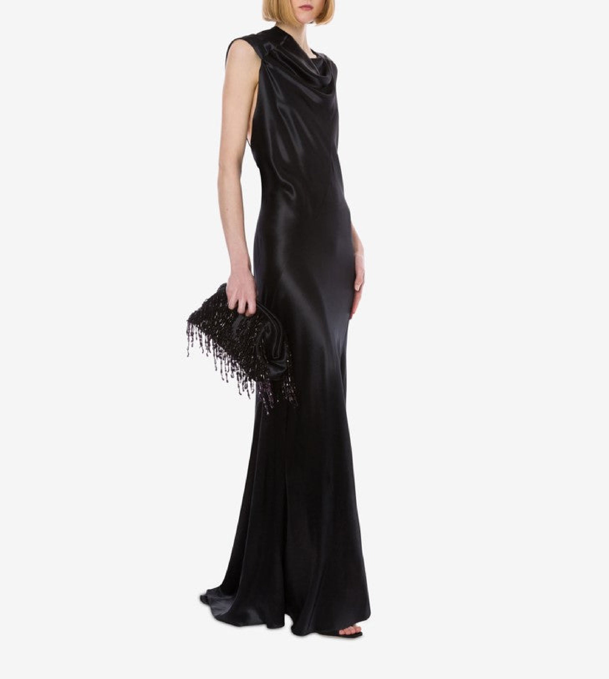 Robe longue asymétrique en satin - Black