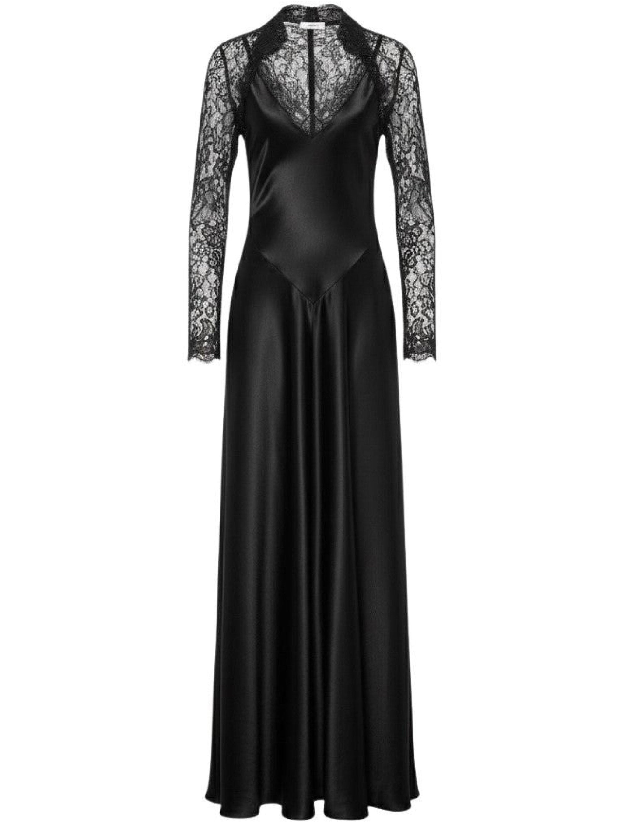 Robe longue en satin avec des empiècements en dentelle - Black