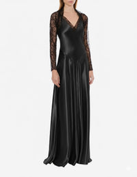 Robe longue en satin avec des empiècements en dentelle - Black