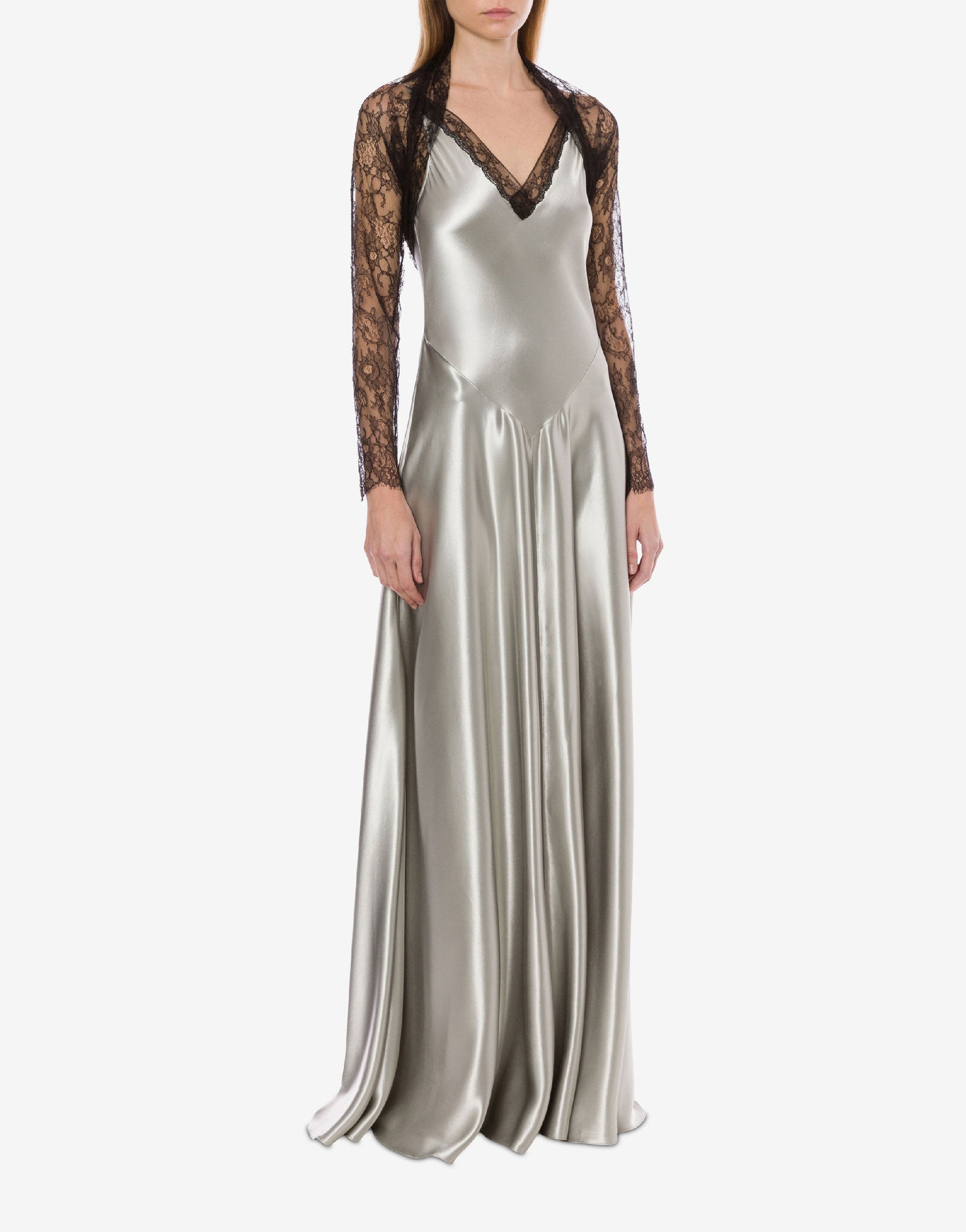 Robe longue en satin avec des empiècements en dentelle - Fantasy Ice Grey